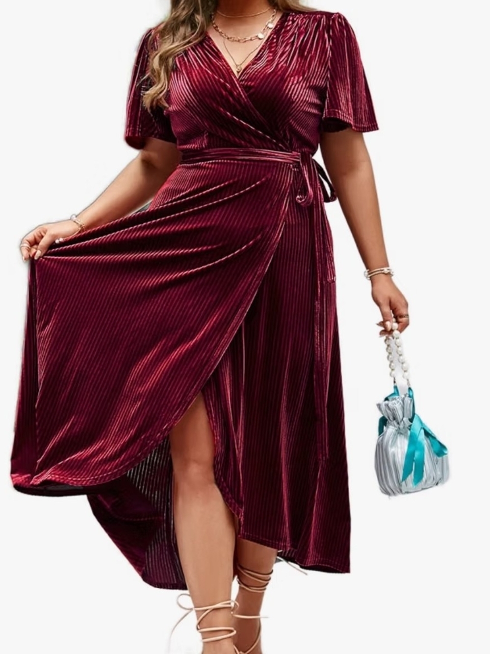 Simple Wine Red Velvet Wrap High-Low Dress
